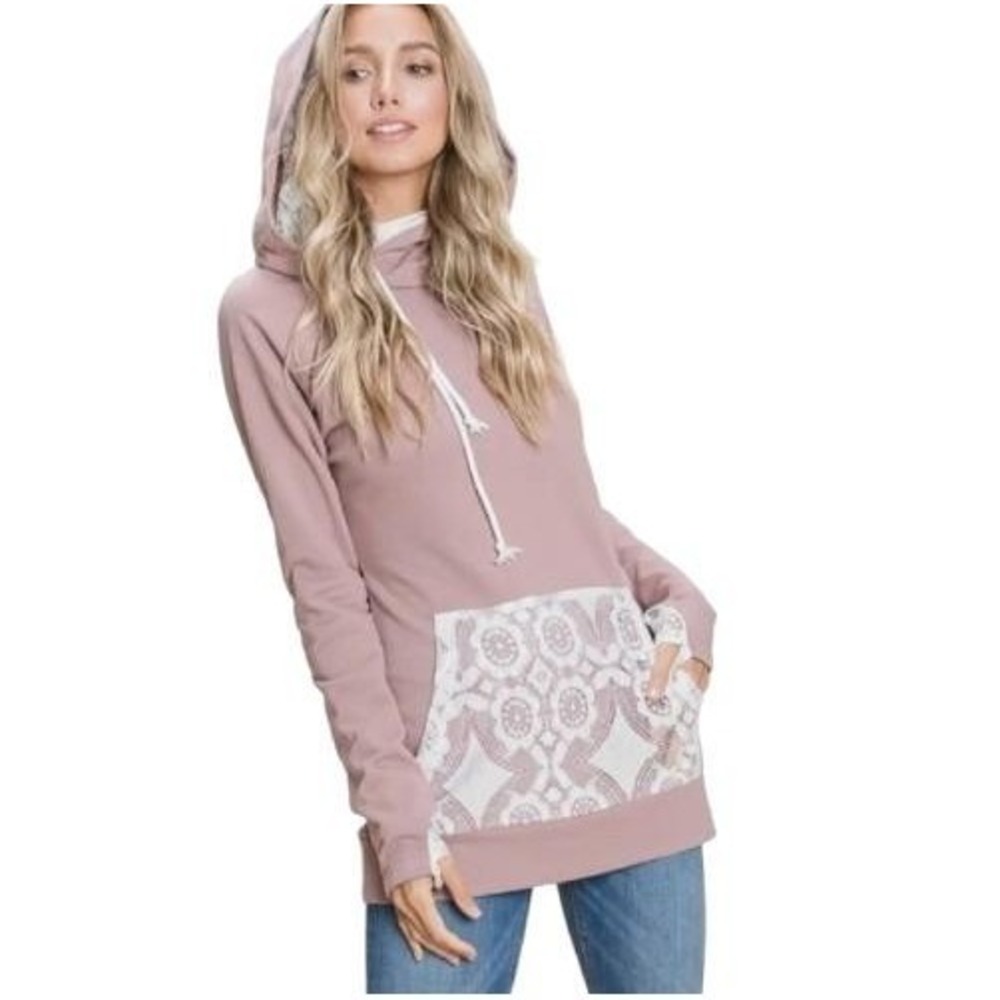 Vanilla Bay Blush Lace Trim Cowl Neck Hoodie Asymmetrical Zip Medium Boho Cozy